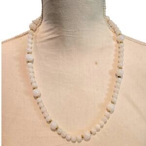 Necklace White Beaded Round Graduated Gold Tone Spacer 22" Spring Ring SKU2912